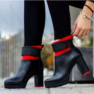 Sorel Medina III Black and Red Heeled Rain Boots